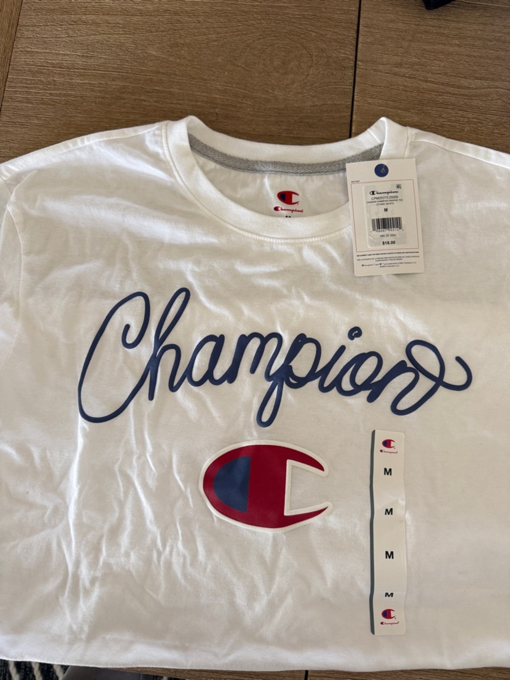Champion White Tee with Navy Script and Red Logo
